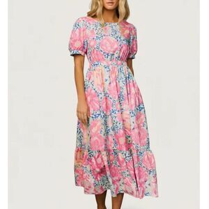 Baltic Born, Floral Maxi Short Sleeve Meyer Dress, L Cabbage Rose Cottagecore